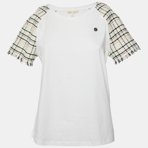 Футболка Maje из белого хлопкового твида с рукавами и круглым вырезом