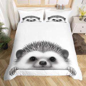Erosebridal Комплект постельного белья Hedgehog с мультяшными дикими животными в минималистичном стиле и абстрактным рисунком, Black Grey White