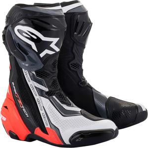 Мотоциклетные ботинки Alpinestars Supertech R Vented Racing, сертифицированы по стандарту CE, легкие, с улучшенной вентиляцией и сцеплением., Black/Red Fluo/White/Gray
