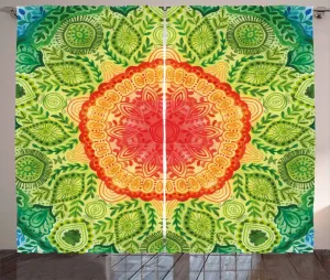 Шторы ABAKUHAUS в этническом деревенском стиле с кружевом, мандалой и хиппи-артом, универсальные ленточные шторы для гостиной с петлями и крючками, 280 x 175 см, цвет: желтый, зеленый, синий Abakuhaus