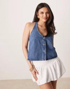 Джинсовый топ Gina Tricot с завязками на спине и халтер-воротником, средне-синего цвета