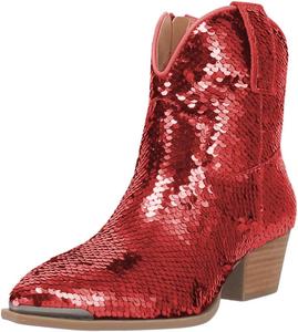 Женские ботильоны YDN с закрытым носком, пайетки, на низком грубом каблуке, с боковой молнией, вестерн-стиль, блестящие зимние праздничные туфли, размеры 4-16 US, Red