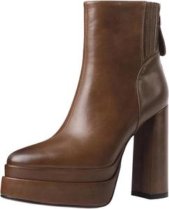 Женские ботильоны на платформе с острым носком, высокие толстые каблуки, боковая молния, обувь для осени и зимы Generic, Brown