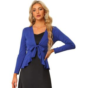 Женский вязаный укороченный кардиган с металлическими рюшами и открытым передом с длинными рукавами ALLEGRA K, цвет Royal Blue