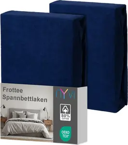 Простыня на резинке DreamScience Terry Cloth 90x200 - 100x200 см, темно-синяя, 2 шт., для матрасов высотой до 22 см - теплая и уютная, хорошо впитывает влагу, быстросохнущая NYVI