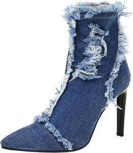 Женские джинсовые ботильоны Meefit на высоком каблуке с заостренным носком, шпилькой и молнией, сексуальные праздничные зимние туфли, Blue 1