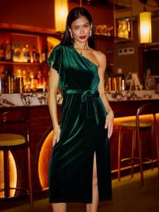 Платье с воланами и эффектом бархата Yumi, Green