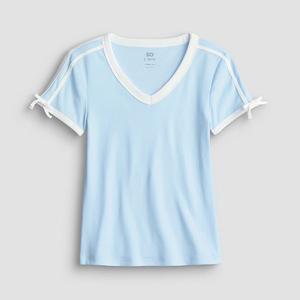 Детская футболка с v-образным вырезом и бантом для девочек 7-16 лет в размерах regular и plus So, Sky Mist
