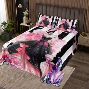 Erosebridal Современный женственный комплект постельного белья Girly Modern Fashion в черно-белую полоску с милыми бантами, Purple Pink White