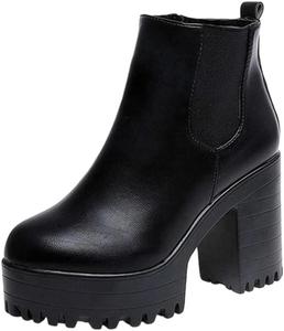 Женские высокие ботфорты из искусственной кожи с квадратным каблуком и платформой, мотоциклетный стиль Generic, Black