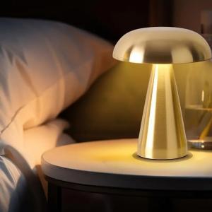 Светодиодная настольная лампа в виде гриба на батарейке, золотой металл, с регулируемой яркостью, беспроводная USB-лампа, теплая белая лампа, сенсорная настольная лампа, прикроватная лампа, сенсорное управление, защита глаз, лампа для чтения LAMON