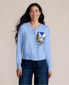 Женский укороченный кардиган с жаккардовым узором и круглым вырезом, выполненный из тонкой вязки Lands' End, Greetings/blue