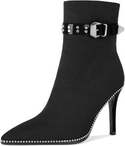 Younton Женские ботильоны на высоком каблуке-стилет с бусинами, заостренным носком, боковой молнией и пряжкой, из матовой кожи, 3,5 дюйма