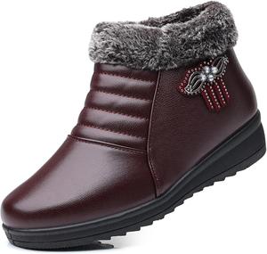 Женские зимние сапоги с утеплителем из меха, с боковой молнией, комфортные, легкие, с мягкой подошвой, противоскользящие, короткие ботинки для мам, для прогулок на улице и кемпинга QEOSNBX, Wine Red