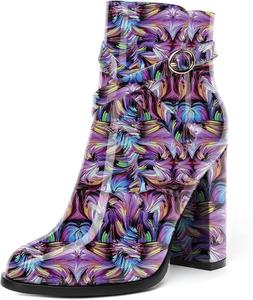 Женские ботильоны SKYSTERRY на высоком каблуке 4 дюйма с круглым носком, для вечеринки, лакированные, на низком подъеме, Purple Blue Paint