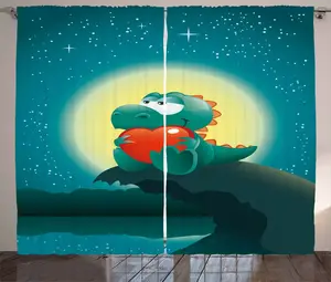 Штора в деревенском стиле Динозавр от ABAKUHAUS, милый романтичный динозавр, присборенная штора для спальни с петлями и крючками, 280 x 225 см, цвет: оранжево-бирюзовый Abakuhaus