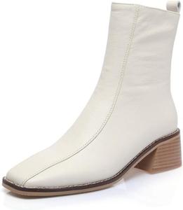 Женские сапоги TinaCus из натуральной кожи с квадратным носком, боковой молнией, ручной работы, невысоким массивным каблуком и средней высоты голенища, Off-White