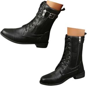 Женские ботинки в стиле милитари на шнуровке с боковой молнией, низкий каблук, круглый носок, ботильоны до середины голени, модные женские ботинки Generic, Black