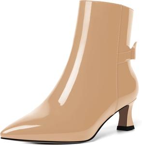 Женские ботильоны MOVINSTEPS с молнией, с бантом из лакированной кожи, с заостренным носком, для вечеринок, модные, с низким каблуком-ступицей, высотой до щиколотки, каблук 2 дюйма, Beige