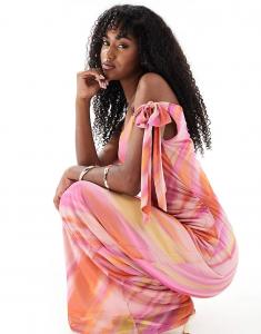 Асимметричное сетчатое платье макси Vero Moda с открытыми плечами и принтом тай-дай в пастельных тонах