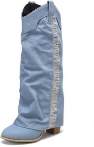 Женские джинсовые ковбойские ботинки UniqueStride с отворотом до середины икры, западный стиль, округлый носок, массивный каблук, ковбойские ботинки с заклепками, Light Blue Fringe