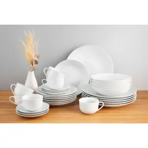 Мой домашний комбинированный сервиз "Анжи" (набор, 30 предметов, 6 чашек, блюдца, десертные тарелки, обеденные тарелки, суповые тарелки), набор посуды, гармоничная, модная форма купе My Home, белый