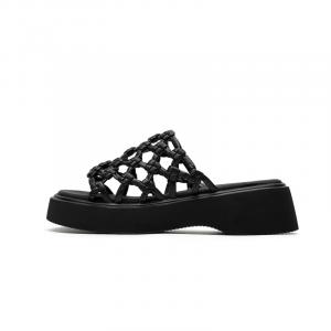 DAPHNE Кожаные мозаичные бесшумные шлепанцы женские Black, цвет Black