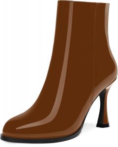 Женские офисные повседневные ботильоны SKYSTERRY из лакированной кожи с молнией, круглым носком и высоким каблуком 3,3 дюйма, Brown