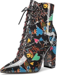 Женские ботильоны Aachcol, короткие ботинки с закрытым заостренным носком, на массивном высоком каблуке, лакированные, на шнуровке, каблук 4 дюйма, Multicolor E