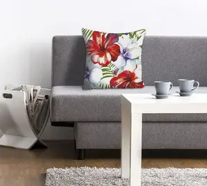 Декоративная подушка Queence "Лиам", с цветами гибискуса, чехол без наполнения, 1 шт 40х40 см, красный/фиолетовый