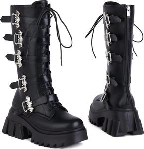 Женские ботильоны CYNLLIO с шнуровкой, платформой, высоким каблуком, молнией, готические ботинки до середины голени с сумкой, панк-мотоциклетные и боевые ботинки, 2Black Matte