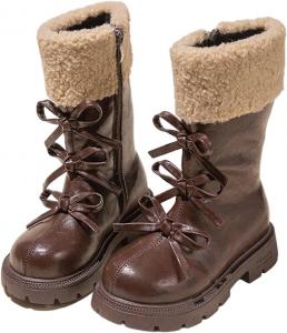 Мягкие сапожки для девочек: модные с шнуровкой, на флисовой подкладке, с боковой молнией, высокие до колена, зимние теплые с шерпой, для походов и снега Generic, Brown