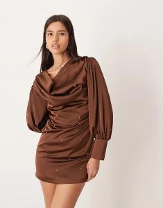 Атласное мини-платье Ghospell Octavia с воротником-хомутом шоколадно-коричневого цвета