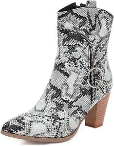 Женские ковбойские ботильоны на высоком каблуке с острым носком, застежкой-молнией и массивным каблуком JOEUSTY, White/Serpentine-Velvet Lined