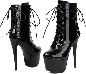 Женские модные ботильоны на шпильке с высоким каблуком, кружевные, на молнии, с круглым носком, с платформой, для вечеринки JOEUSTY, Black-Patent Leather