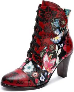 Женские ботильоны SOCOFY из кожи, высокий каблук, удобные, с цветочным узором, шнуровкой, кожаные зимние ботинки с меховой подкладкой, уличные противоскользящие ботинки на молнии для свадебной вечеринки и прогулок Eimeinuosy, Red A