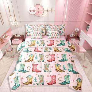 Erosebridal Комплект постельного белья Pink Cowgirl Boots в западном стиле с кактусами и подковами, Pink Brown