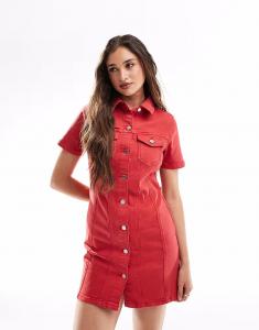 ASOS DESIGN джинсовое приталенное платье-рубашка красного цвета