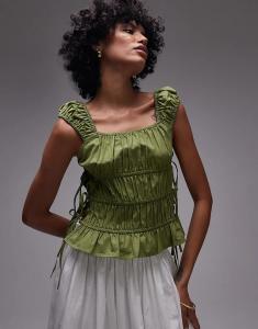 Топ Topshop с завязками по бокам, собранный в рюши, зеленого цвета