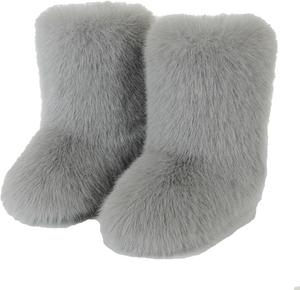 Женские ботинки из искусственного меха, пушистые, с круглым носком, замшевые зимние ботинки для снега, с плоским каблуком, удобные, теплые плюшевые снегоступы Generic, Gray B
