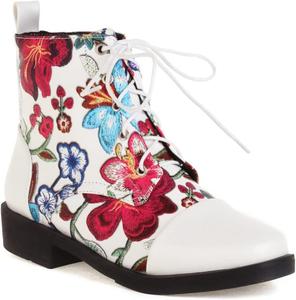 Женская мода: ботильоны с цветочным принтом, плоская подошва, шнуровка, круглый носок, удобный низкий каблук, стиль вестерн, короткие ботинки JOEUSTY, White