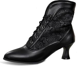 Женские викторианские кружевные ботильоны LanreyTaley для свадьбы и невесты, ботинки до щиколотки для костюма ведьмы с средним каблуком, Black