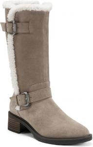 Женские зимние сапожки FOWT с искусственным мехом, невысокий каблук, средняя длина по голени, ремешки с пряжками на щиколотке, заостренный носок, верх из замши, удобные повседневные офисные и прогулочные ботинки, размеры 4-16 US, Grey