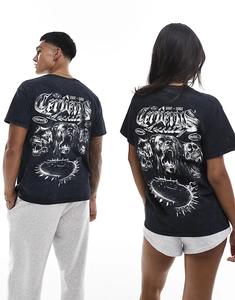 Футболка с принтом «Цербер освобожденный» спереди и сзади, выцветшая, в цвете «снежная стирка» PRNT