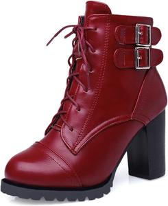 Женские ботильоны VOKLIN с круглым носком, шнуровкой, массивным каблуком, пряжкой, вестерн-стиля, короткие, нарядные, Red-Velvet Lined