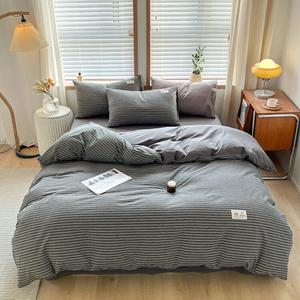 LUOLAI HOME Комплект постельного белья 4 предмета, простыня 230x24 см, серый в тонкую полоску + темно-серый, гребенной хлопок