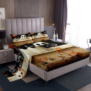 Erosebridal Комплект постельного белья Halloween с принтом мультяшного призрака и белого кота в стиле Whimsigoth, Orange Black White