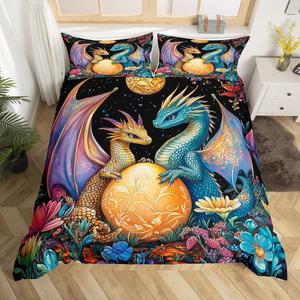 Erosebridal Комплект постельного белья с мультяшными драконами и золотыми пасхальными яйцами в цветочном стиле сафари, Gold Blue