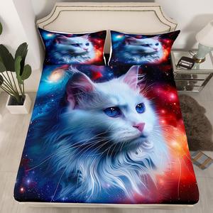 Erosebridal Комплект постельного белья Galaxy Cat с белыми котятами и звездным небом для любителей кошек, Black Red Blue