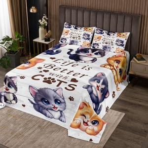 Erosebridal Комплект постельного белья Cat Print с милыми мультяшными котиками и принтом кошачьих лапок, Pastel Blue